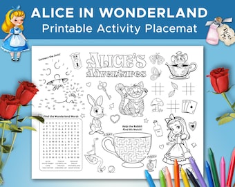 Alice in Wonderland Activity Sheet, Alice in Wonderland Coloring Sheet, Alice Wonderland Party Placemat