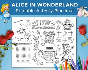 Alice in Wonderland-activiteitenblad, Alice in Wonderland-kleurplaat, Alice Wonderland-feestplacemat