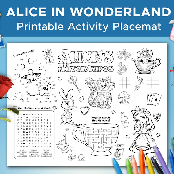 Alice in Wonderland Activity Sheet, Alice in Wonderland Coloring Sheet, Alice Wonderland Party Placemat