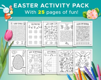 Easter Activity Sheets, 25 Pages, Printable, Easter Kids Activities, Easter Coloring Pages, Easter Games