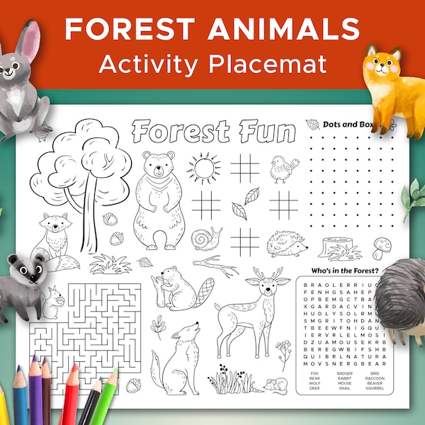 Forest Animals Themed Activity Sheet, Forest Animals Coloring Sheet, Forest Animals Party Placemat