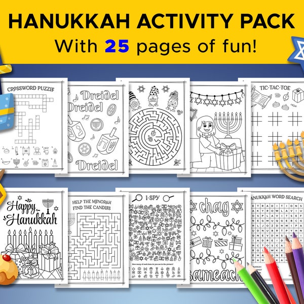 Hanukkah Themed Kids Activity Sheets, 25 Page Bundle, Printable, Coloring Pages and Games Pack