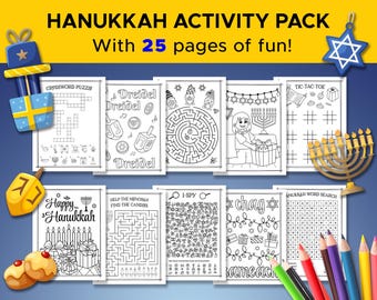 Hanukkah Themed Kids Activity Sheets, 25 Page Bundle, Printable, Coloring Pages and Games Pack
