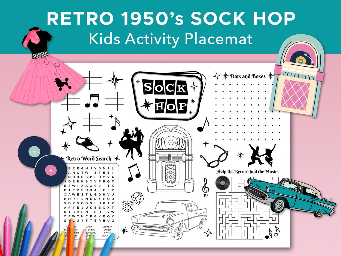 Retro 1950's Sock Hop Themed Activity Sheet, Retro Coloring Sheet, Sock ...