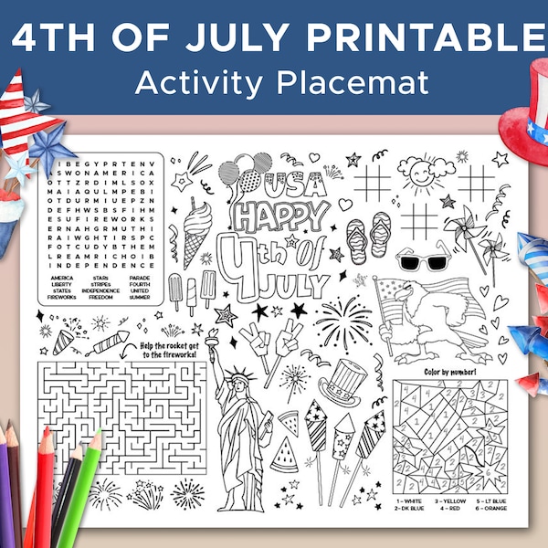 4th of July Kids Activity Sheet, Independence Day Coloring Sheet, American Party Placemat