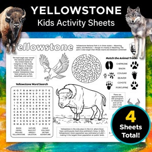 Yellowstone National Park Kids&#39; Educational Activity Sheets – 4 Pages of Fun Yellowstone Games, Yellowstone Coloring Sheets
