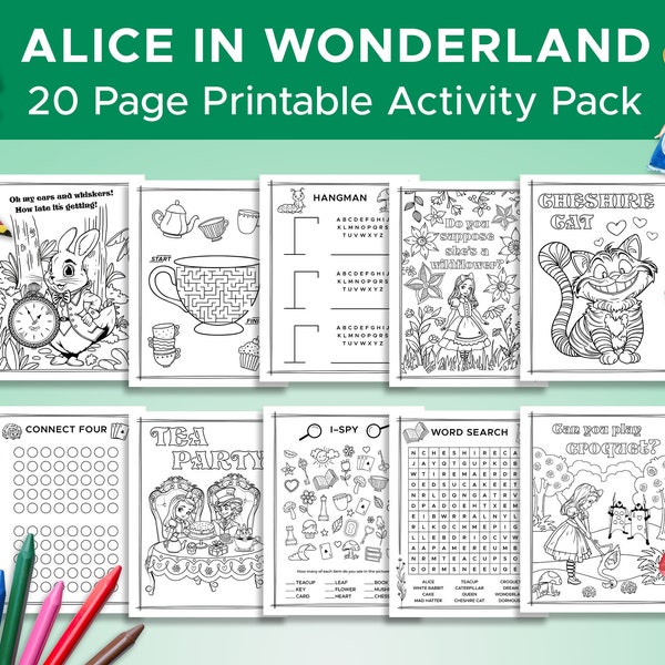 Alice in Wonderland Activity Sheets, 20 Pages, Printable, Kids Activities, Coloring Pages and Games