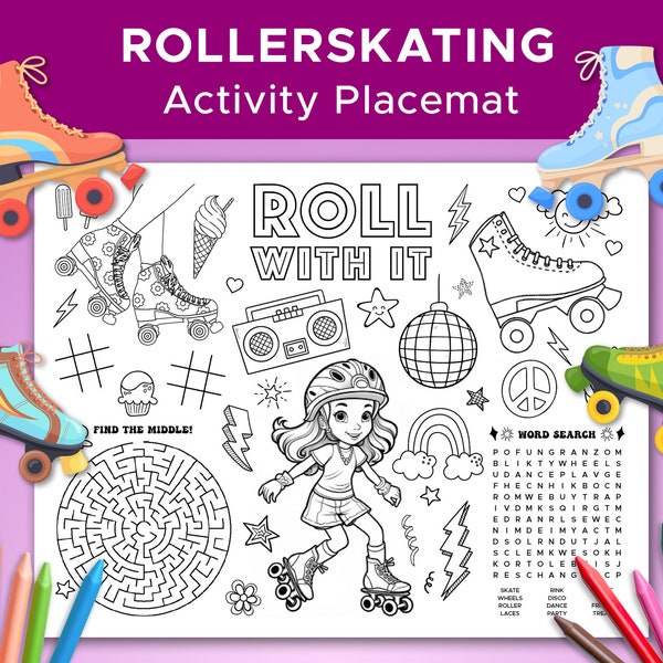 Rollerskating Themed Activity Sheet, Rollerskating Coloring Sheet, Rollerskating Party Placemat