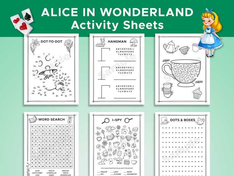 Alice in Wonderland Activity Sheets, 20 Pages, Printable, Kids