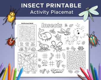 Insect Bug Themed Activity Sheet, Insect Coloring Sheet, Bug Party Placemat