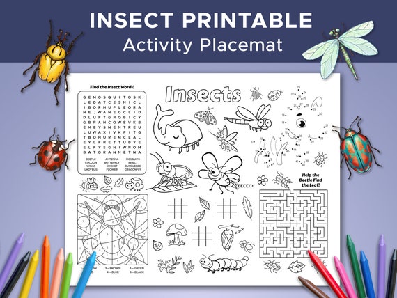 Insect Bug Themed Activity Sheet, Insect Coloring Sheet, Bug Party Placemat