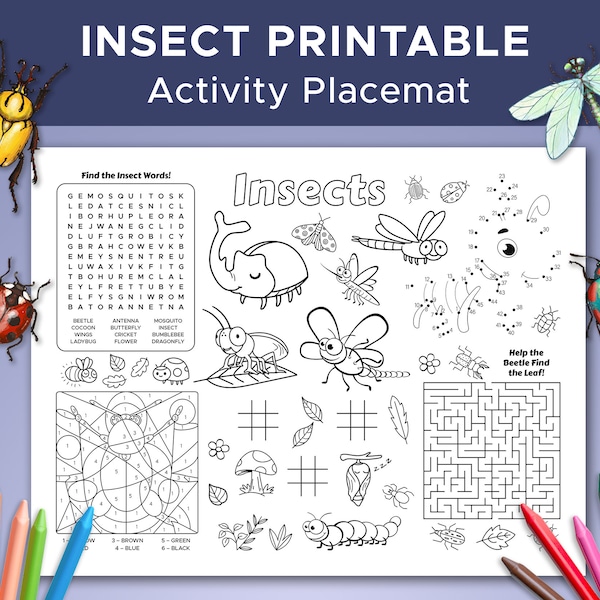 Insect Bug Themed Activity Sheet, Insect Coloring Sheet, Bug Party Placemat