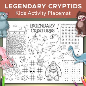 Puede incluir: Un mantel individual blanco para niños con el texto "LEGENDARY CRYPTIDS" y "LEGENDARY CREATURES". El mantel individual incluye un laberinto, una búsqueda de palabras e ilustraciones de criaturas legendarias. Lápices de colores rodean el mantel individual.