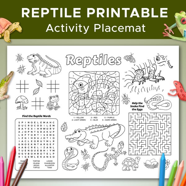 Feuille d'activités sur le thème des reptiles, feuille de coloriage de reptiles, napperon fête de reptiles