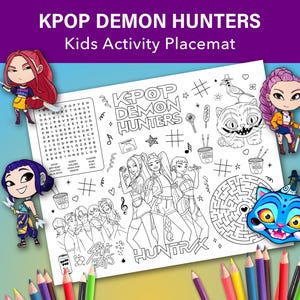 Kpop Demon Hunters Kids Activity Mat, Kpop Demon Hunters Placemat, Kids Party Game, Printable Huntrix Activity Sheet