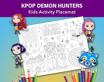 Kpop Demon Hunters-activiteitenmat voor kinderen, Kpop Demon Hunters-placemat, kinderfeestspel, afdrukbaar Huntrix-activiteitenblad