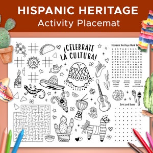 Hispanic Heritage Themed Activity Sheet, Kids Coloring Sheet, Printable Party Placemat
