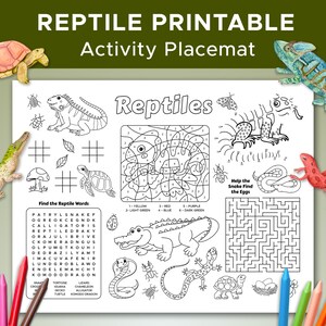Reptile Themed Activity Sheet, Reptile Coloring Sheet, Reptile Party Placemat