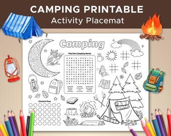 Camping Themed Activity Sheet, Camping Coloring Sheet, Camping Party Placemat