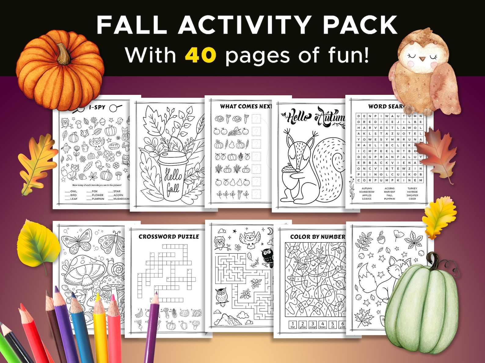 Fall Themed Kids Activity Sheets - 40 Page Bundle