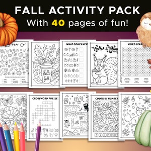 Fall Themed Kids Activity Sheets, 40 Page Bundle, Printable, Coloring Pages and Games Pack