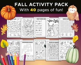 Fall Themed Kids Activity Sheets, 40 Page Bundle, Printable, Coloring Pages and Games Pack