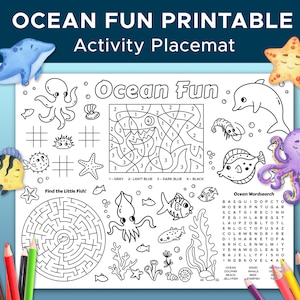 Ocean Themed Activity Sheet, Sea Creature Coloring Sheet, Under the Sea Party Placemat