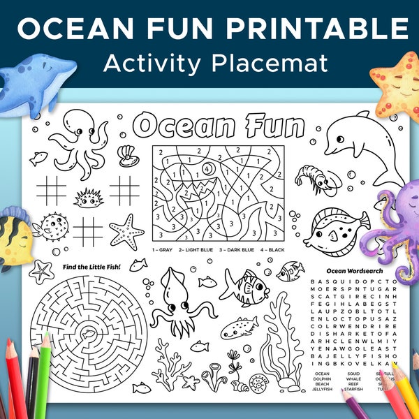 Ocean Themed Activity Sheet, Sea Creature Coloring Sheet, Under the Sea Party Placemat