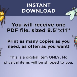 以下が含まれることがあります： 昆虫のイラストが描かれたデジタルダウンロードのグラフィック。テキストには「INSTANT DOWNLOAD」とあり、21.6cm x 27.9cmサイズのPDFファイルを受け取ることについて説明しています。画像には、物理的なアイテムは発送されないと記載されています。