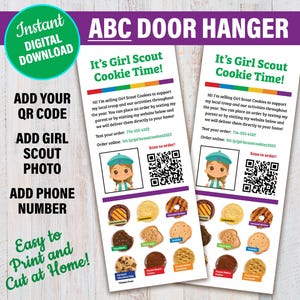 Editable Girl Scout Cookie Door Hanger—ABC Bakers, Printable 8.5 x 11 cookie sales materials, custom Girl Scout Cookie Door Hangers