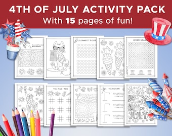 4 juli activiteitenbladen voor kinderen, 15 pagina's, afdrukbaar, kleurplaten en spelletjes