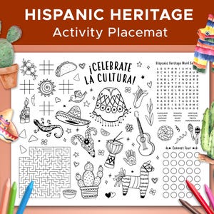 Hispanic Heritage Themed Activity Sheet, Kids Coloring Sheet, Printable Party Placemat