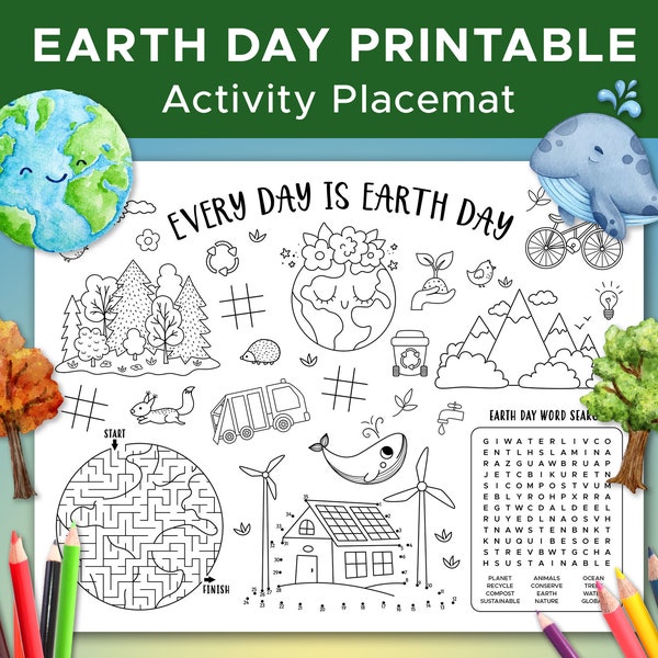 Earth Day Themed Activity Sheet, Eco Friendly Party Placemat, Environmental Awareness Coloring Sheet