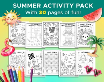 Summer Themed Kids Activity Sheets, 30 Page Bundle, Printable, Coloring Pages and Games Pack