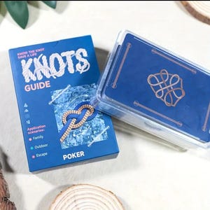 Op de afbeelding: Een blauw "Knots Guide" boek en een pakje pokerkaarten in een doorzichtige plastic hoes. De boekcover toont de tekst "KNOTS GUIDE" en een touwknoopillustratie. De achterkanten van de kaarten zijn blauw met een gouden touwontwerp.