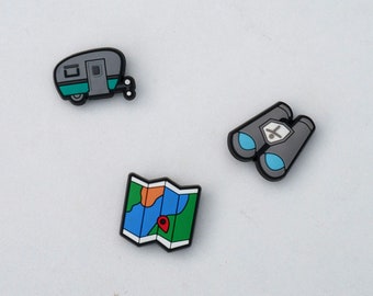 Shoe charms set of 3; adventure and camping. Fun designs - binoculars, map, and a caravan. Perfect for outdoor lifestyle shoe decoration