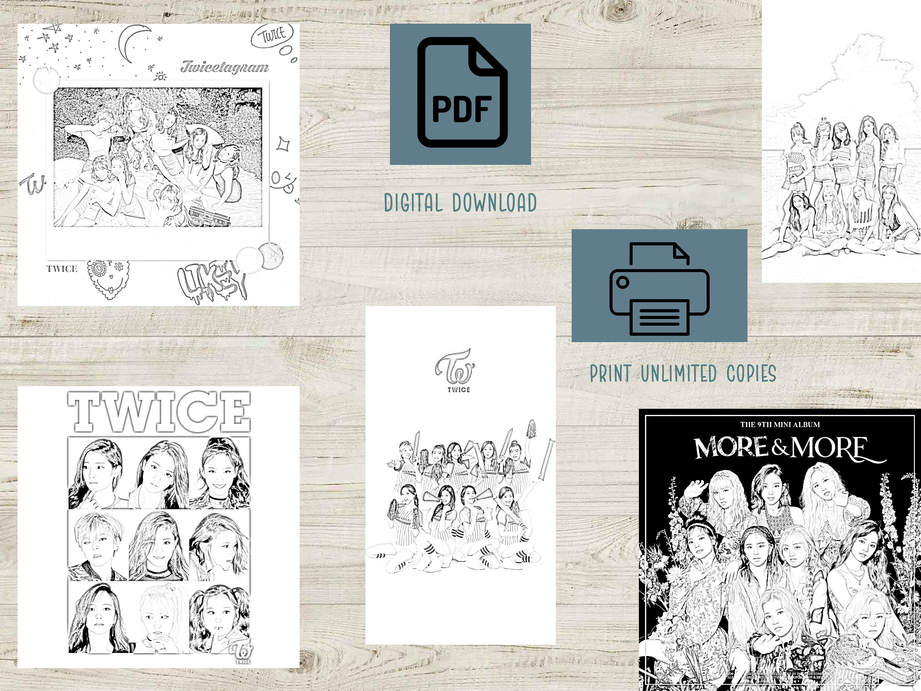 TWICE Grayscale Coloring Book, 25 Kpop Coloring Pages, Digital Download