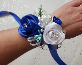 Artificial wrist corsage, blue corsage, wedding corsage