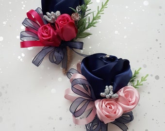 Handmade Navy and Pink Satin Rose Buttonhole, Diamonte Crystals