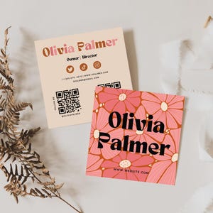Retro Groovy Floral Square Business Card Canva Template, Small Business Card with QR Codes Business Branding Personal Vintage Floral Modern