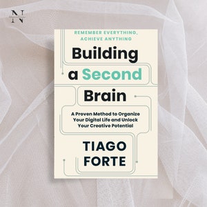 May include: Book cover with a beige background and teal text. The title is "Building a Second Brain: A Proven Method to Organize Your Digital Life and Unlock Your Creative Potential" by Tiago Forte.