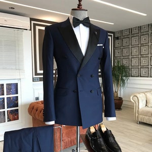 Navy Blue Peak Lapel Slim-Fit Tuxedo - Wedding Tuxedo - 3 Pieces Slim Fit Tuxedo - Men’s Tuxedo  - Wedding Tuxedo - Navy Blue Groom Tuxedo