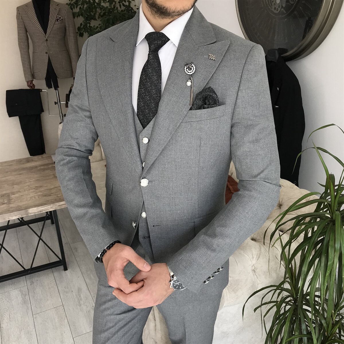 Men's Skinny Lapel Slim Fit Grey  - Three Piece Suit