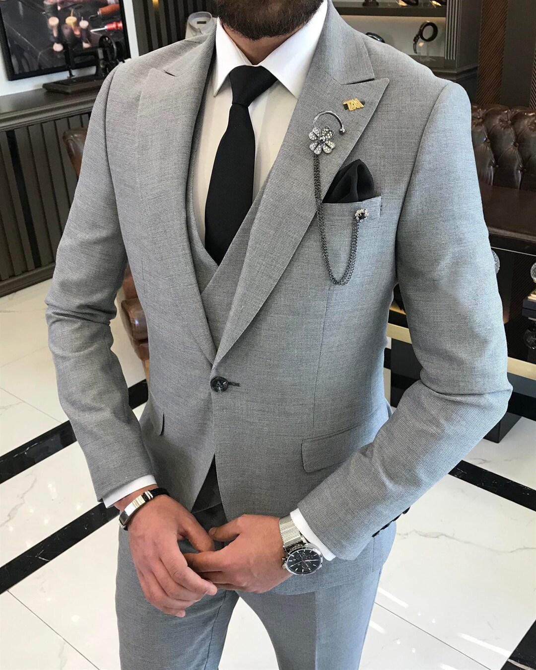 Gray Slimfit Suit Mens Suit 3 Piece Suit Mens Gray Wedding Suit Mens