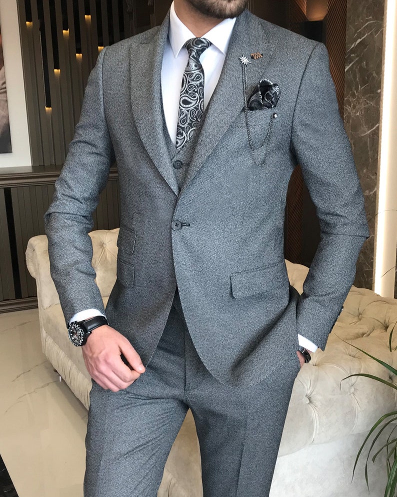 Gray Slim-fit Suit Mens Suit 3 Piece Suit Mens Gray Wedding Suit Mens ...