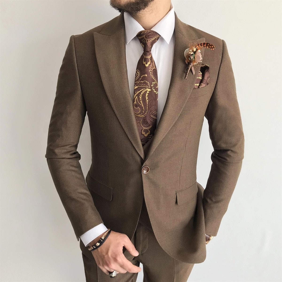 Brown Slimfit Suit Mens Suit 3 Piece Suit Mens Brown Etsy