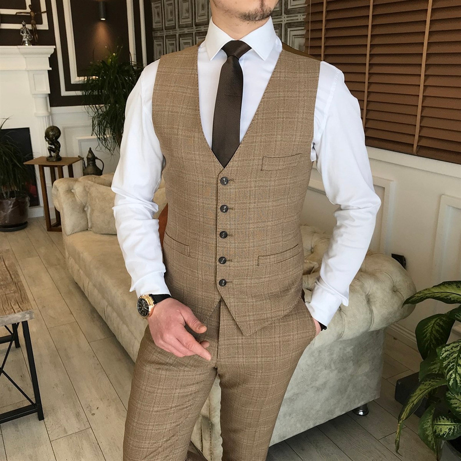 Tan Slimfit Suit Mens Suit Tan 3 Piece Suit Wedding Etsy