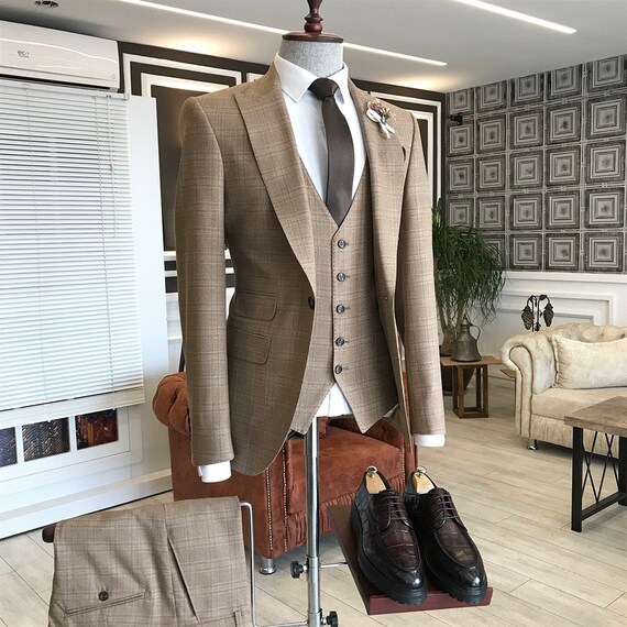 Tan Slimfit Suit Mens Suit Tan 3 Piece Suit Wedding Etsy
