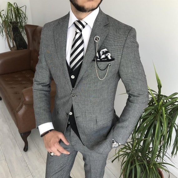 Grey Slim-fit Suit Mens Suit 3 Piece Suit Mens Gray - Etsy