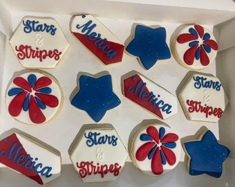 America themed iced cookies, 4th of July, Memorial Day, President’s Day, ‘Merica themed Decorated Cookies, Red, White, and Blue cookies